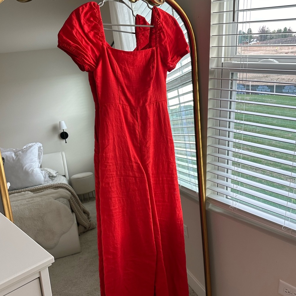& Other Stories Red Puff Sleeve Maxi JUMPSUIT